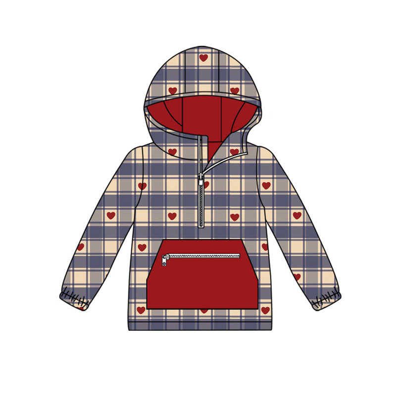 Preorder(moq 5) Baby Boys Hearts Checked Pocket Zipper Valentine Hoodies Top