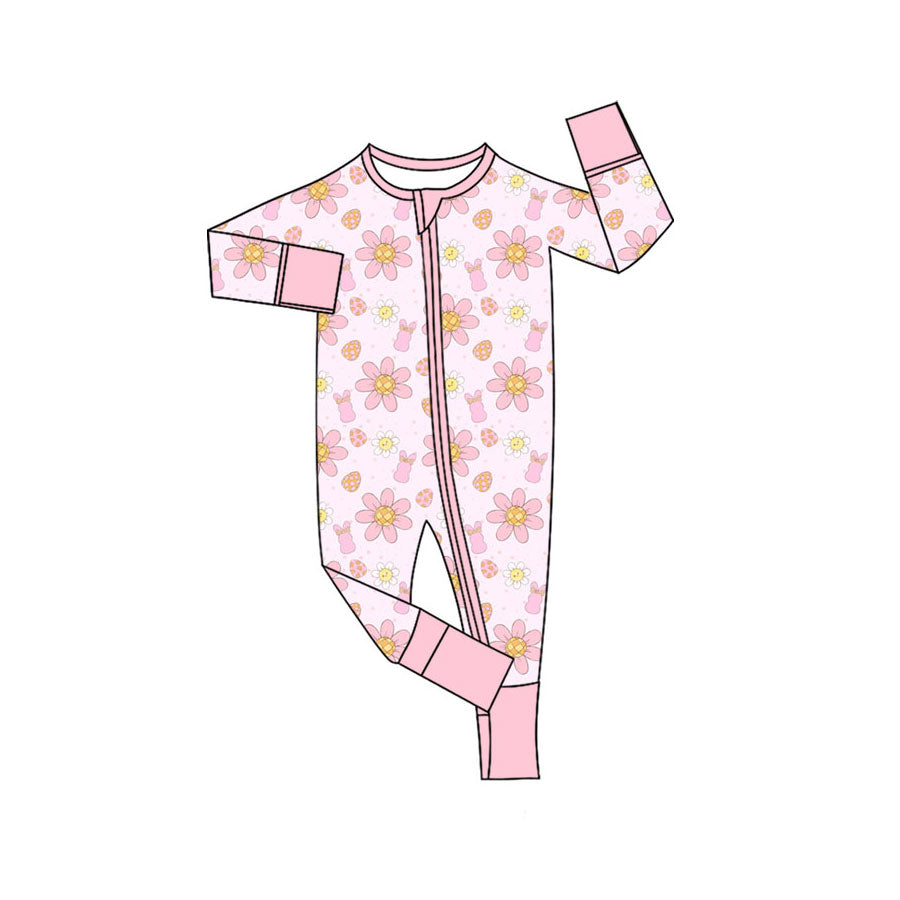 Preorder (moq 5)Baby Girls Flowers Rabbits Easter Two Way Zip Convertible Rompers
