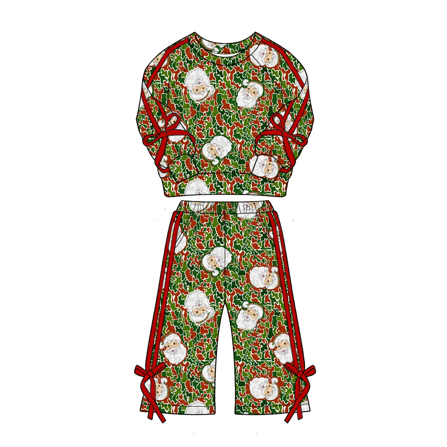 Preorder (moq 5)Baby Girls Green Red Camo Santa Top Flare Pant Christmas Clothes Set