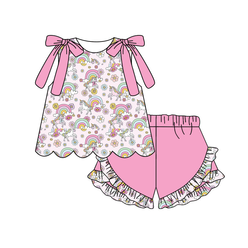 Preorder (moq 5)Baby Girls Bows Sleeveless Rainbow Horses Tunic Ruffle Short Clothes Sets