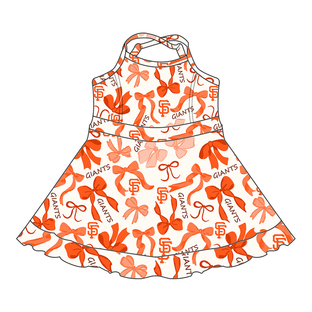 Preorder (moq 5)Baby Girls Strap Orange Bows Plaid Giants SF Short Ruffle Team Knee Length Dresses