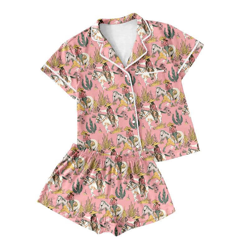 Preorder(moq 5)Adult Women Pink Horse Rodeo Cactus Buttons Pocket Tee Shirts Shorts Pajamas Sets