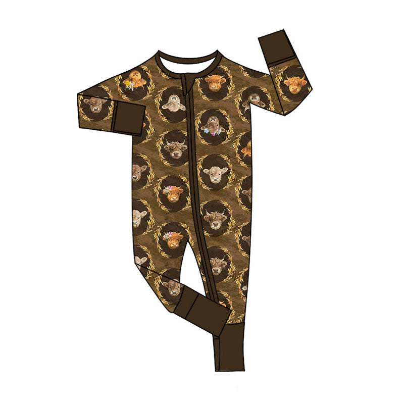 Preorder (moq 5)Baby Boys Highland Cows Western Two Way Zip Convertible Rompers