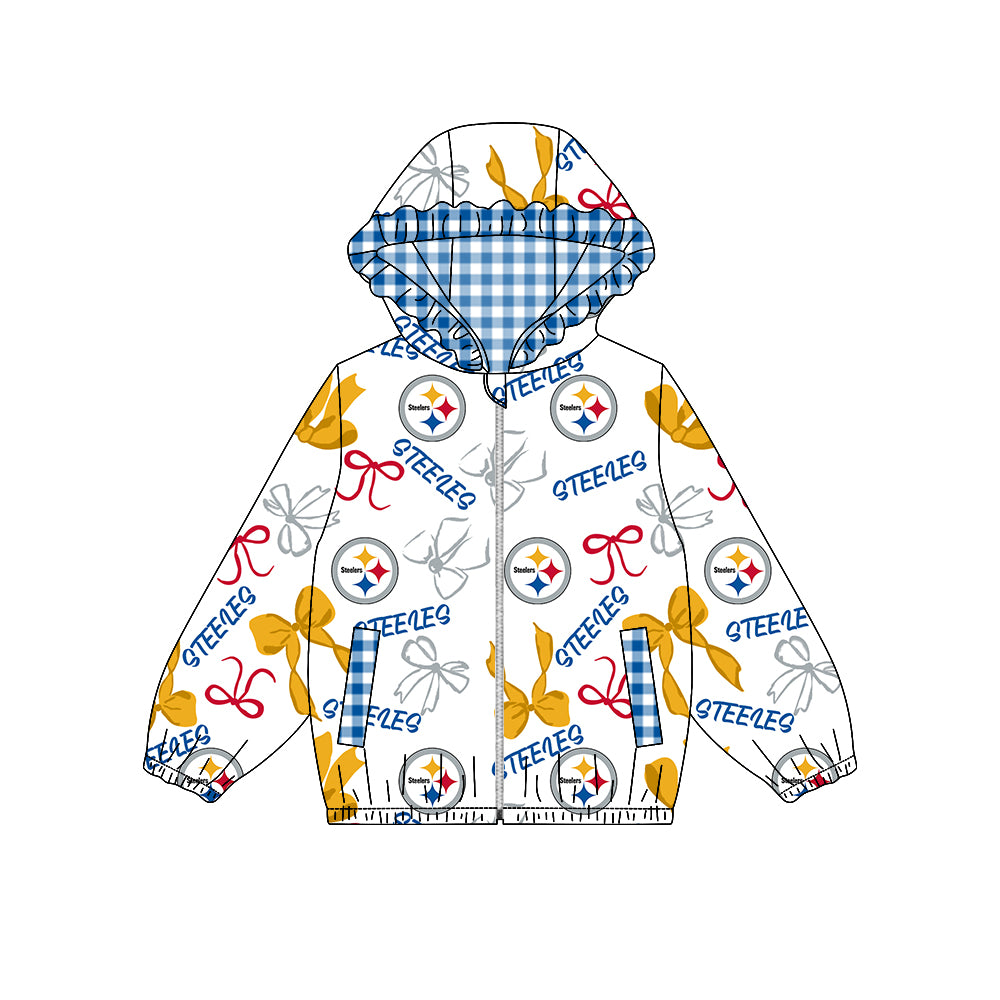 Preorder (moq 8)Baby Girls Bows Steeles Pockets Zipper Team Hoodie Jackets Top