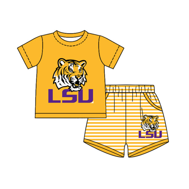 Preorder moq 5 Baby Boys Short Sleeve LSU Tigers Top Stripe Short Team Clothes Sets
