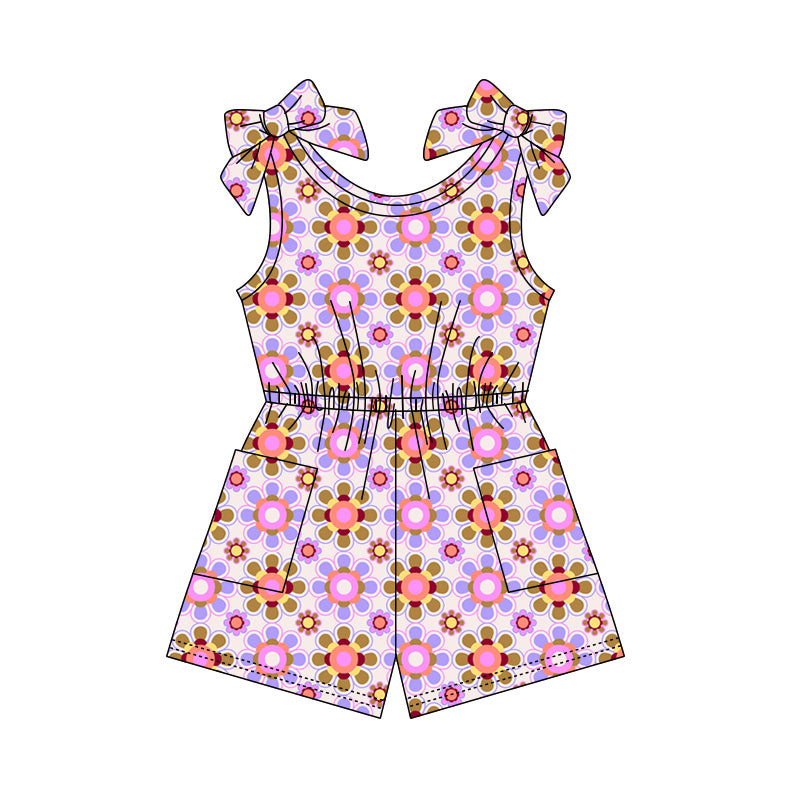Preorder (moq 5)Baby Girls Bows Sleeveless Colorful Flowers Pockets Jumpsuits
