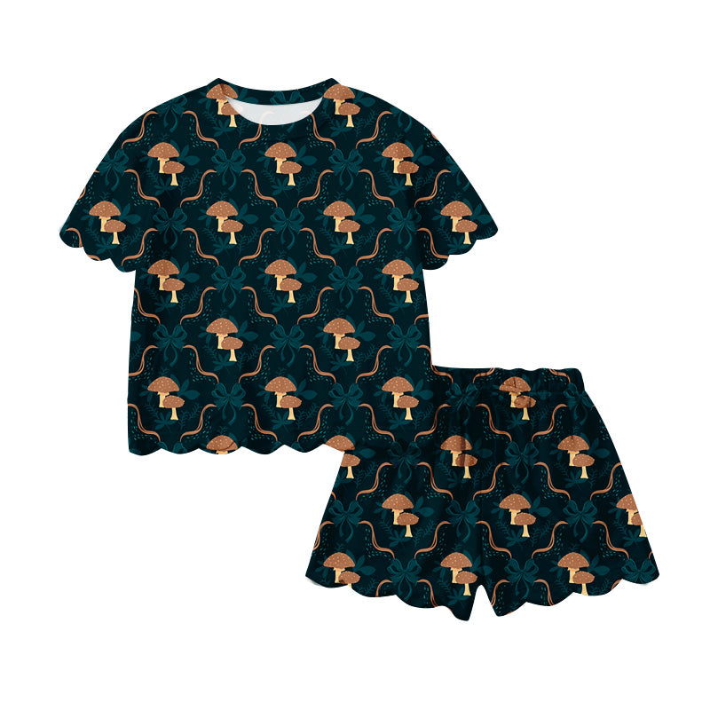 Preorder (moq 5)Baby Girls Mushroom Bows Checked Top Scallop Shorts Clothes Sets