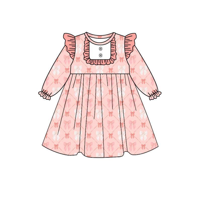 Preorder (moq 5)Baby Girls Coral Bows Ruffle Knee Length Dresses