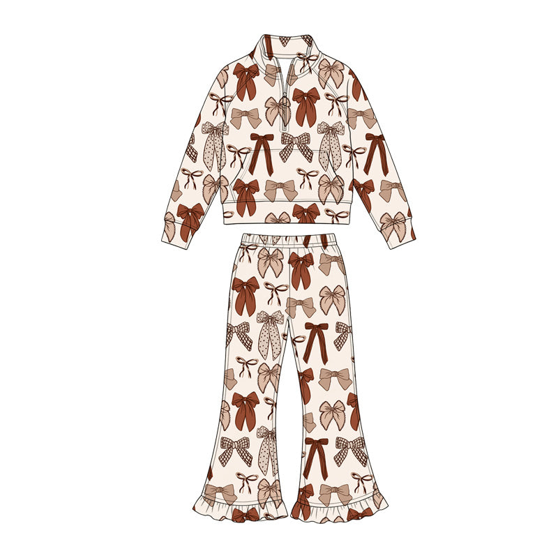 Preorder (moq 5)Baby Girls Bows Zip Pocket Pullover Top Bell Bottom Pant Fall Clothes Sets