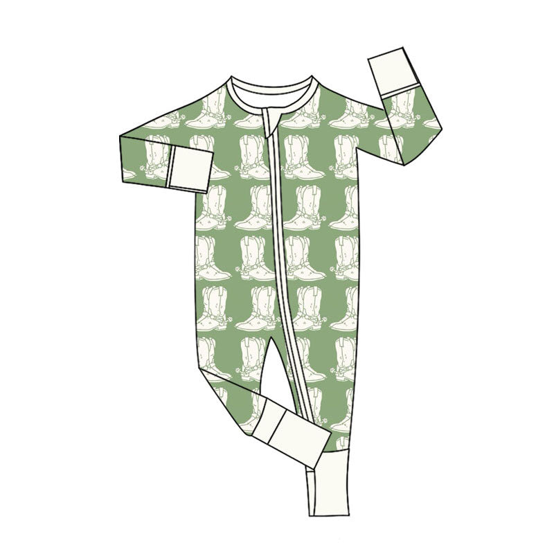 Preorder (moq 5)Baby Boys Green Boots Plaid Western Two Way Zip Convertible Rompers