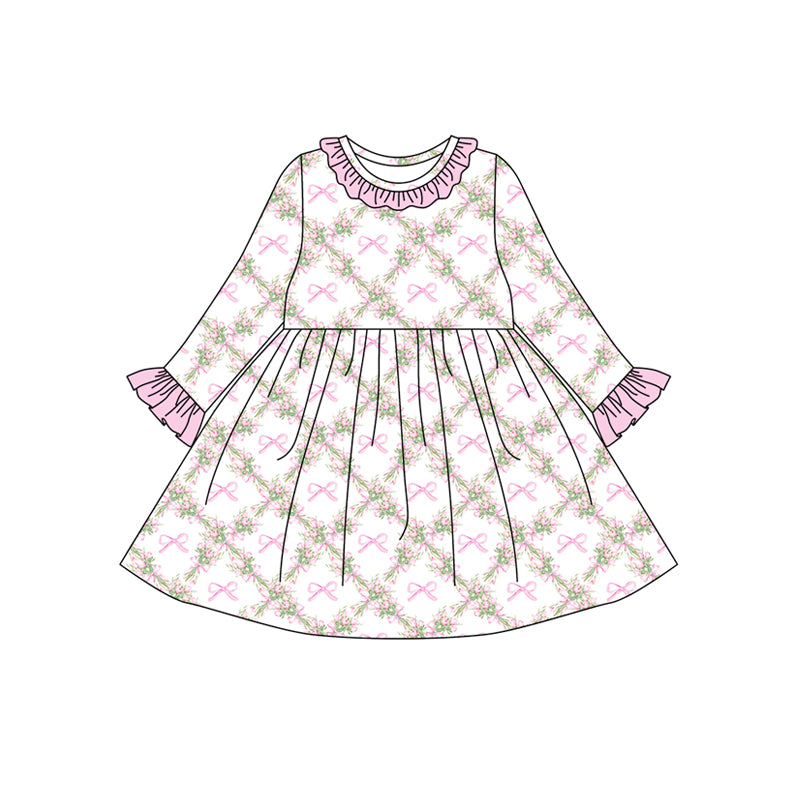 Preorder(moq 5) Baby Girls Long Ruffle Sleeves Pink Bows Flowers Plaid Knee Length Dresses