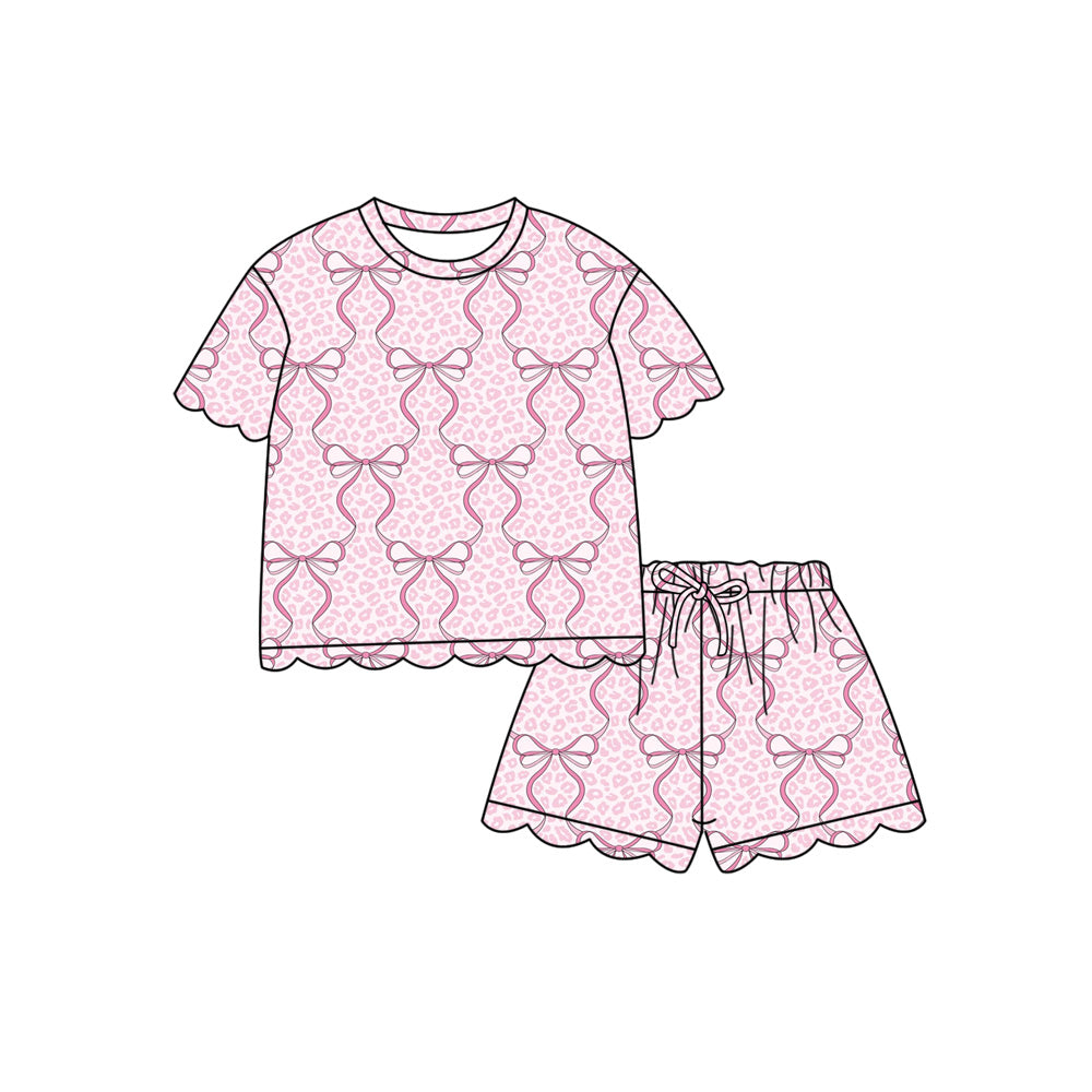 Preorder (moq 5)Baby Girls Pink Bows Leopard Top Scallop Shorts Clothes Sets