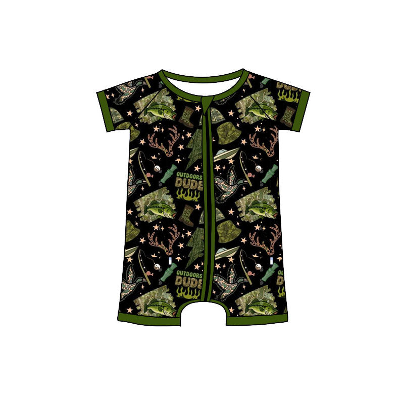 Preorder (moq 5)Baby Boys Green Deer Ducks Fishing Hunting Zipper Shorts Rompers