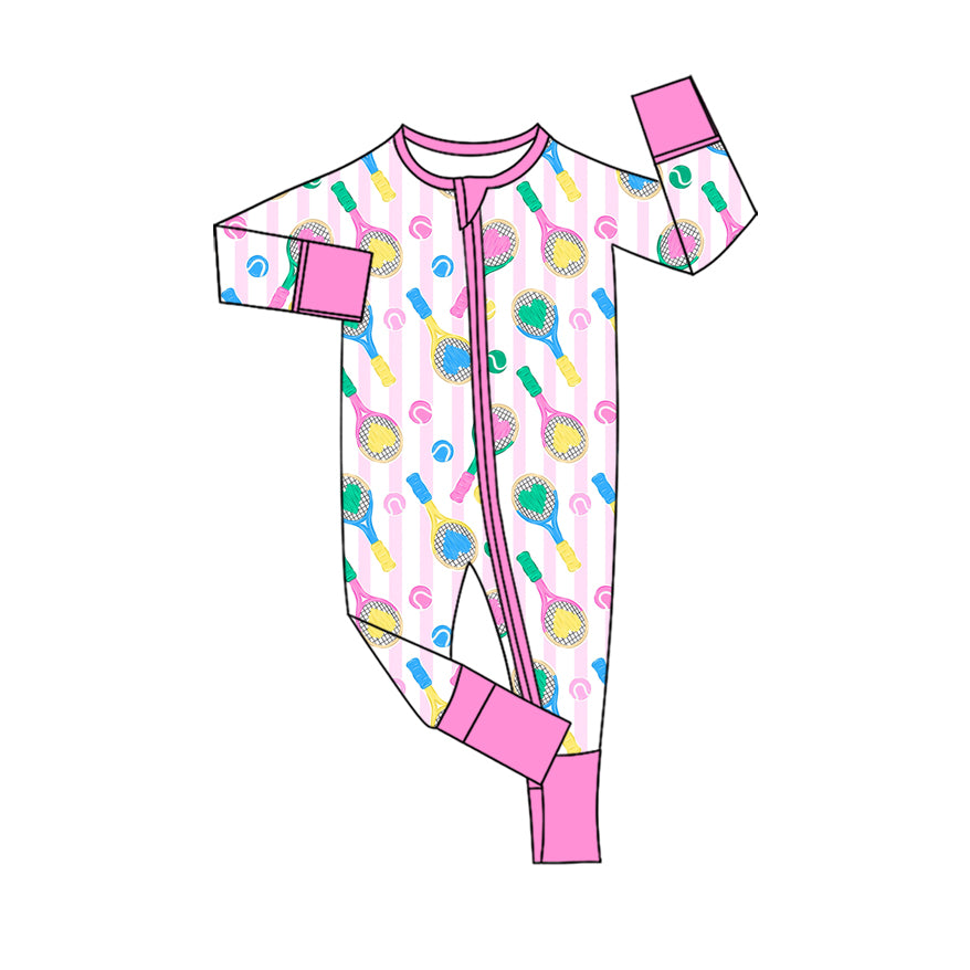 Preorder (moq 20)Baby Girls Bamboo Pink Stripe Hearts Tennis Zipper Footie Rompers