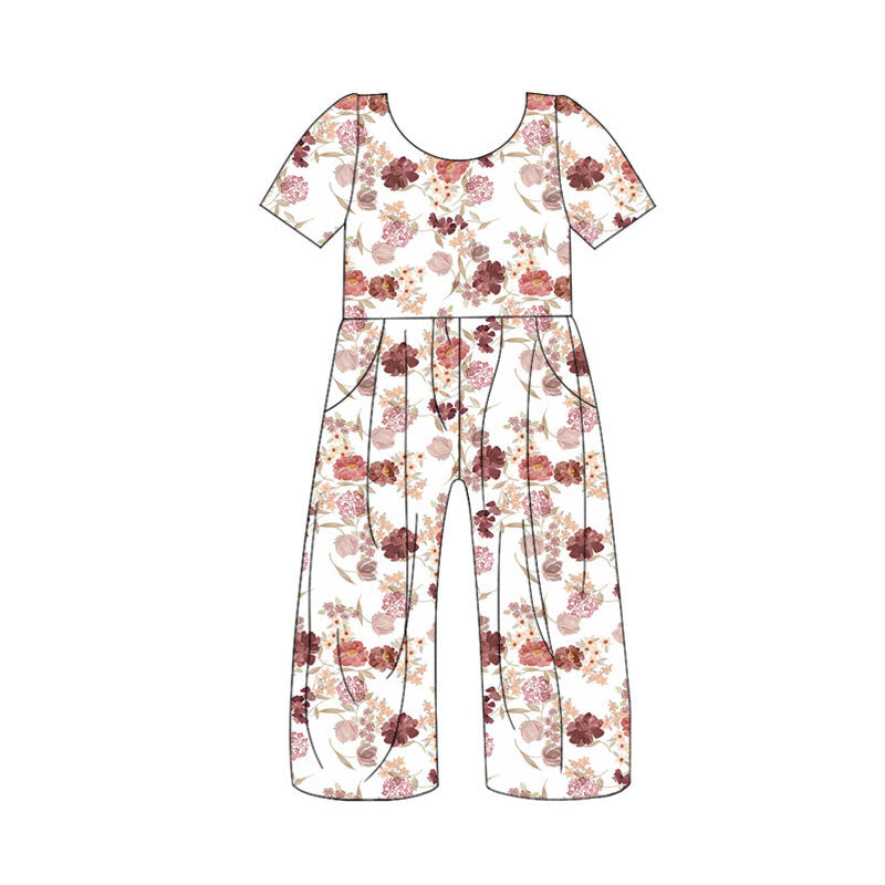 Preorder (moq 5)Baby Girls Short Sleeve Colorful Flowers Pockets Pants Jumpsuits