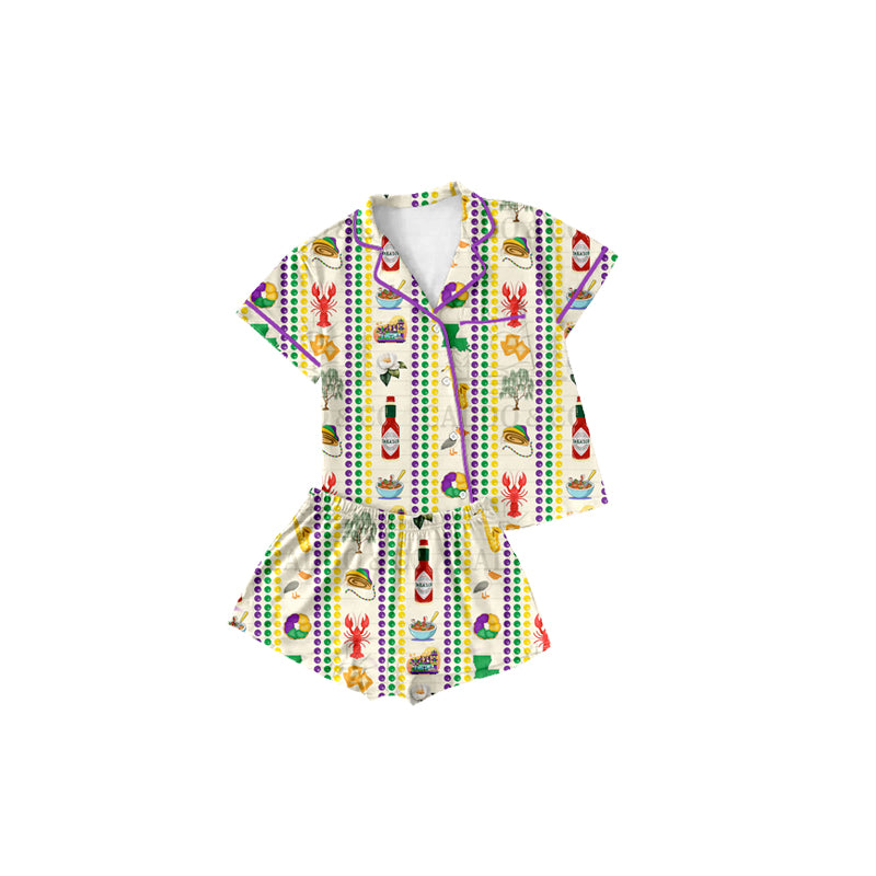 Preorder (moq 5) Baby Girl Clothes Mardi Gras Crawfish King Cake Louisiana Map Print Short Sleeve Button Pajama Short Set