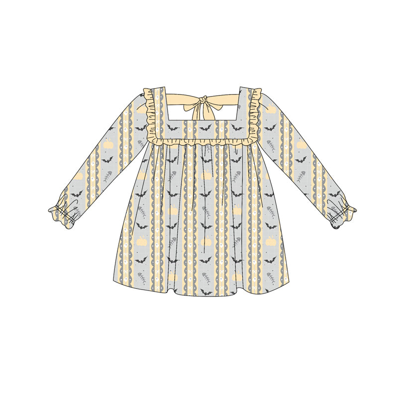 Preorder (moq 5)Baby Girls Long Ruffle Sleeves Yellow Pumpkins Bats Knee Length Dresses