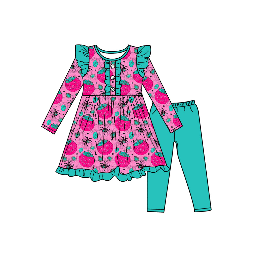 Preorder (moq 5)Baby Girls Long Sleeves Ghost Pumpkins Plaid Button Tunic Leggings Pants Set