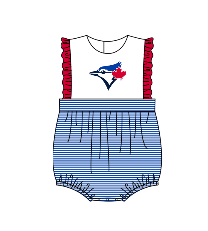 Preorder (moq 5)Baby Girls Sleeveless Toronto Blue Jays Stripe Team Ruffle Rompers