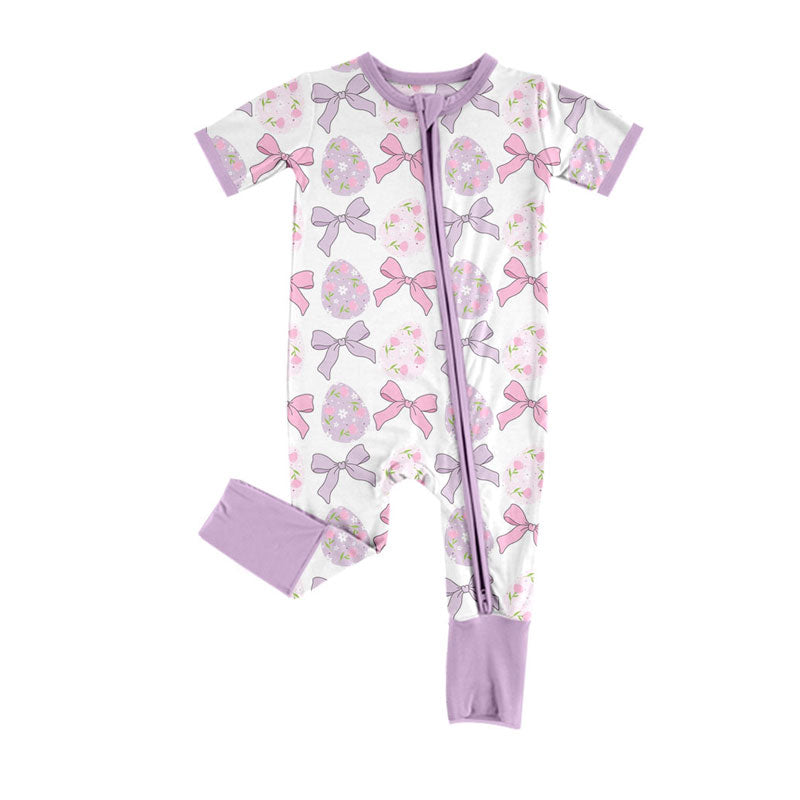 Preorder (moq 8)Baby Girls Bows Flowers Eggs Easter Zipper Footie Rompers