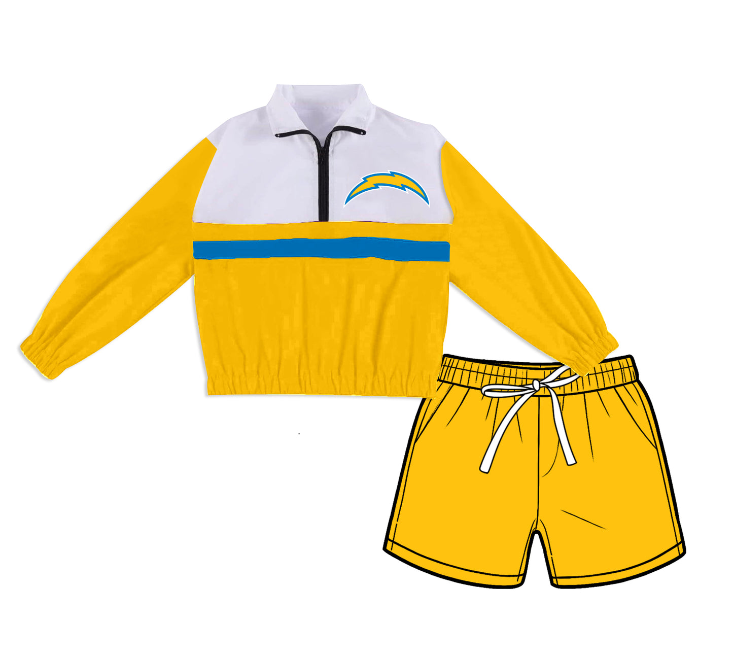 Preorder (moq 5)Baby Girls Yellow Chargers Zip Pullovers Pockets Short Team Clothes Set