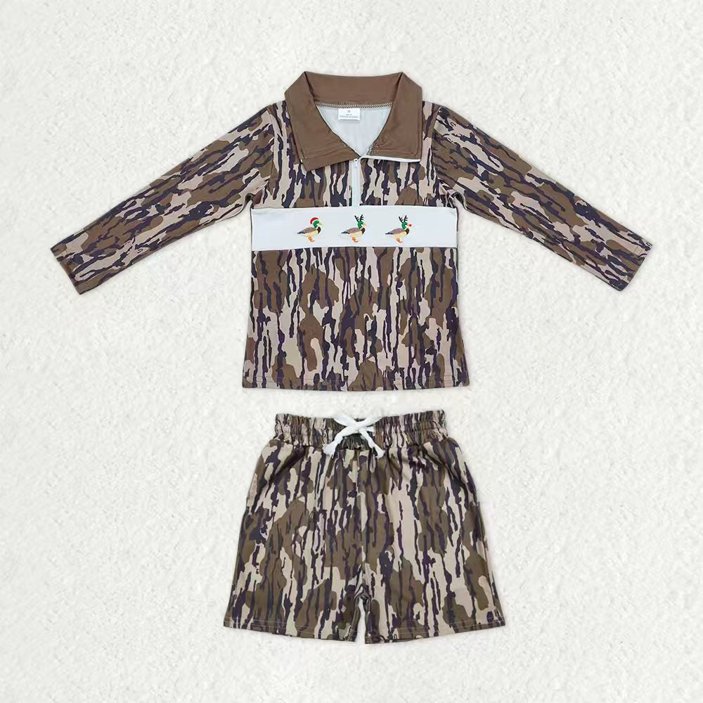 Baby Boys Olive Camo Embroidery Hat Ducks Zip Pullover Pockets Shorts Hunting Clothes Sets