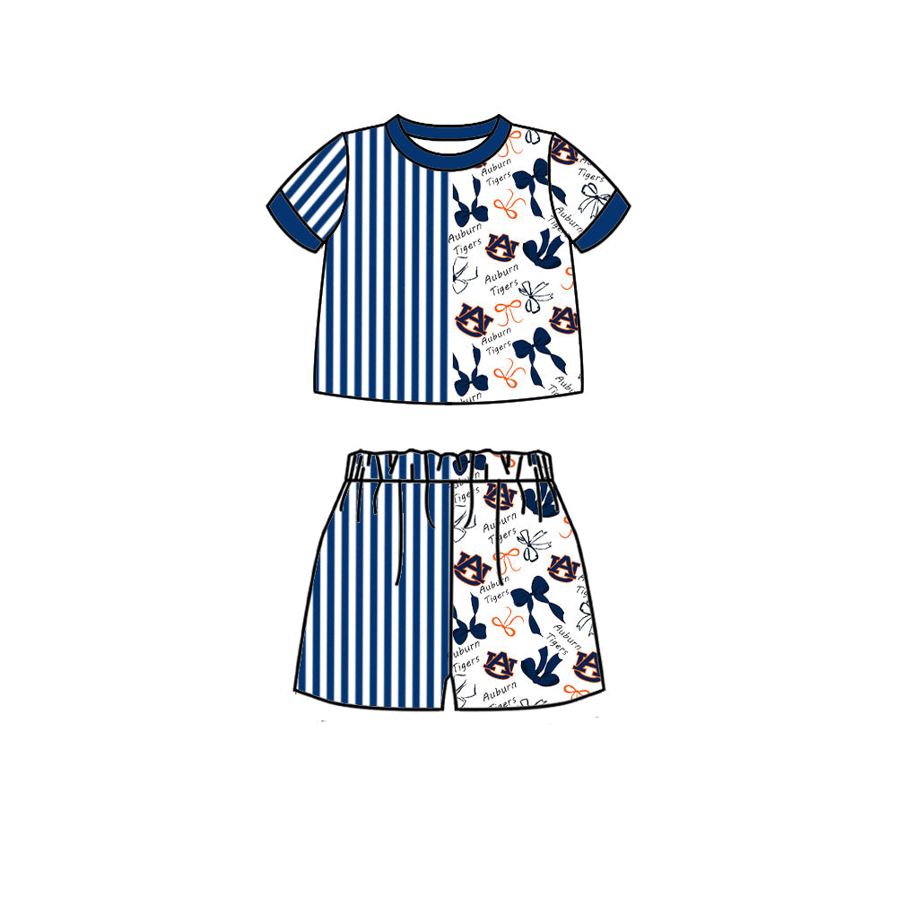 Preorder (moq 5)Baby Girls Blue Stripe Bows AU Shirt Top Short Team Clothes Set