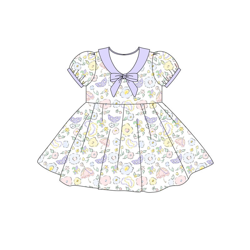 Preorder(moq 5) Baby Girls Ruffle Sleeve Flowers Masks Mardigras Knee Length Dresses