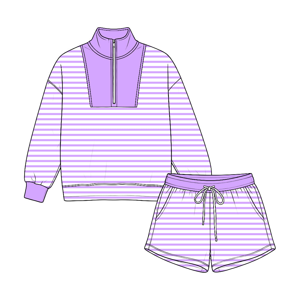 Pre-order(moq5) Kids’ Purple Half-Zip Cropped Sweatshirt & Shorts 2-Piece Athletic Set