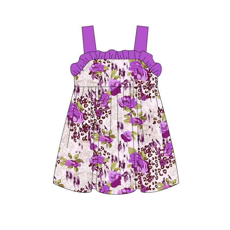 Preorder (moq 5)Baby Girls Purple Strap Floral Leopard Knee Length Dresses
