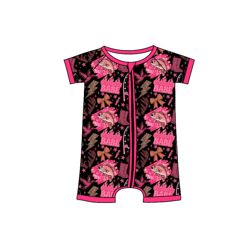 Preorder (moq 5)Baby Girls Pink Deer Ducks Fishing Hunting Zipper Shorts Rompers