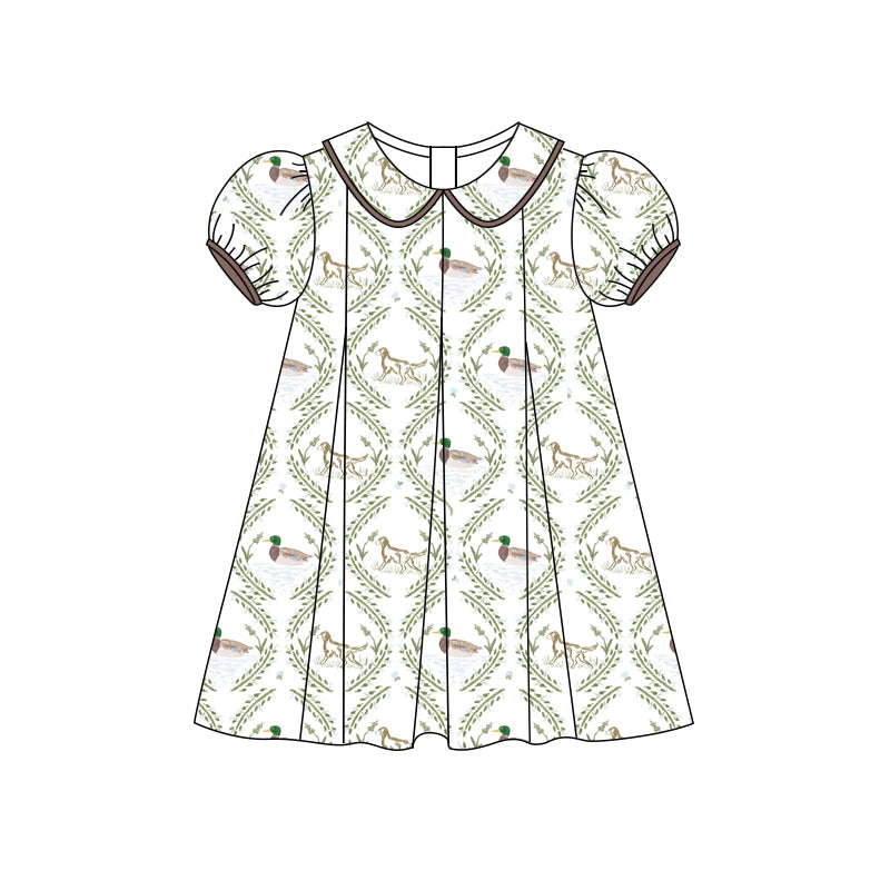 Preorder (moq 5)Baby Girls Short Ruffle Sleeves Dogs Ducks Knee Length Dress