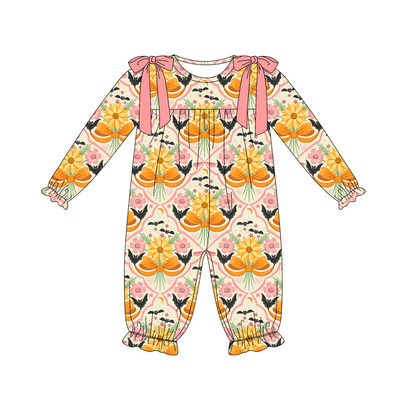 Preorder (moq 5)Baby Girls Long Ruffle Sleeves Sunflowers Bats Plaid Pant Romper