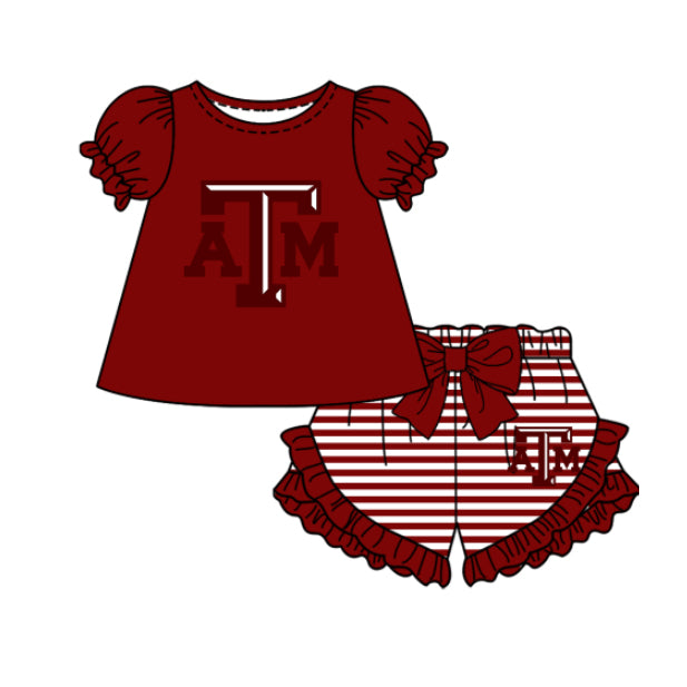 Preorder moq 5 Baby Girls Short Sleeve ATM Top Stripe Ruffle Short Team Clothes Sets