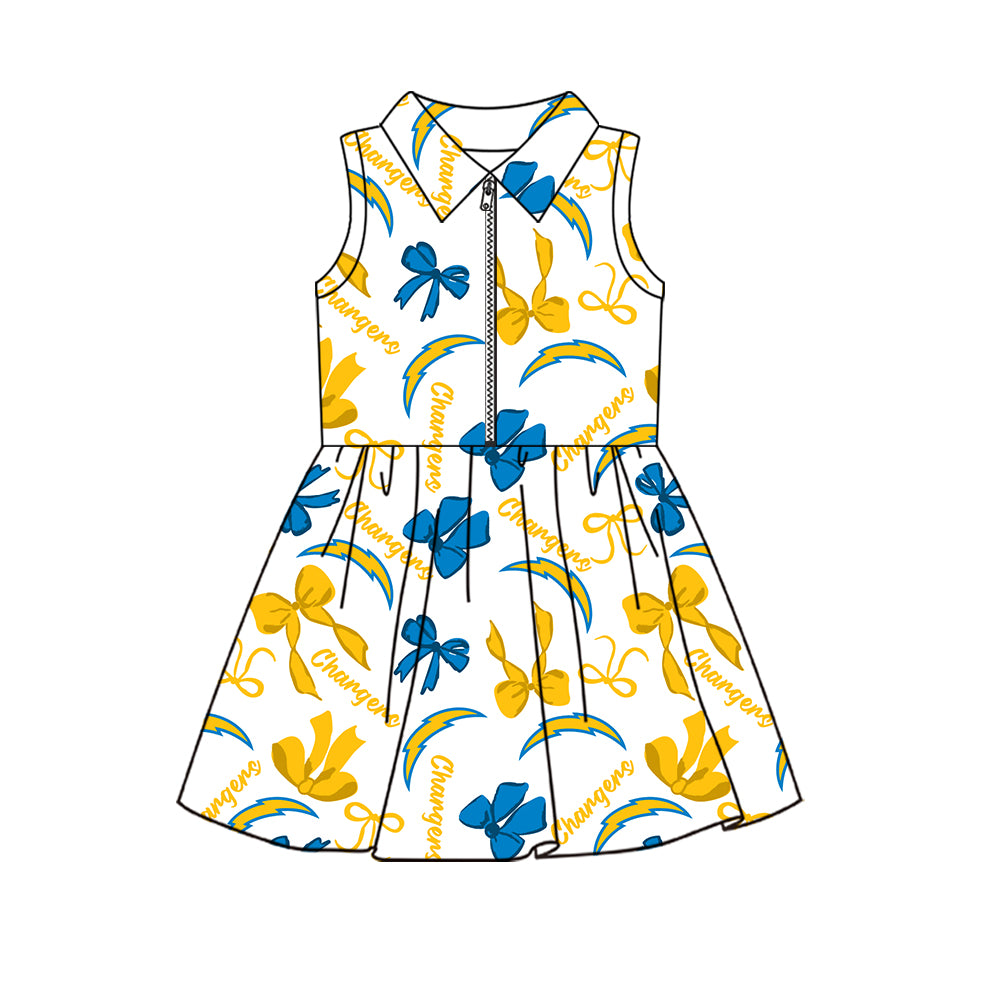 Preorder (moq 5)Baby Girls Sleeveless Bows Chargers Team Zip Short Knee Length Dress