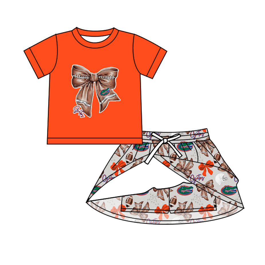 Preorder (moq 5)Baby Girls Orange Football Bows Top Crocodiles Skirt Shorts Team Clothes Sets