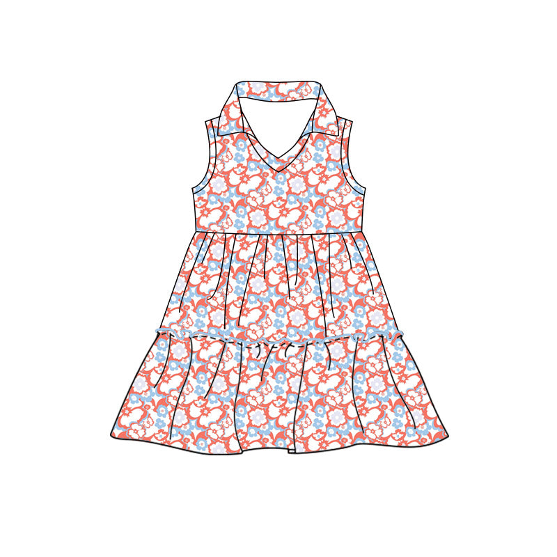 Preorder (moq 5)Baby Girls Sleeveless Colorful Floral Patchwork Knee Length Dresses