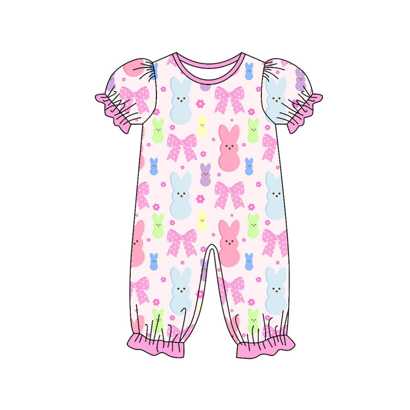 Preorder (moq 5)Baby Girls Colorful Flowers Rabbits Easter Ruffle Footie Rompers