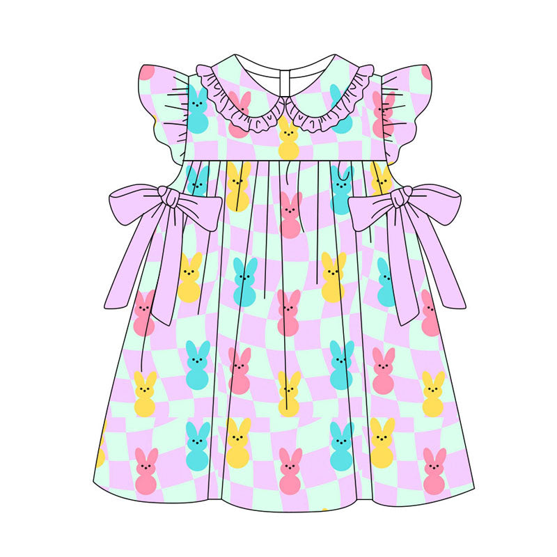 Preorder(moq 5) Baby Girls Lavender Checked Colorful Rabbits Bows Easter Knee Length Dresses