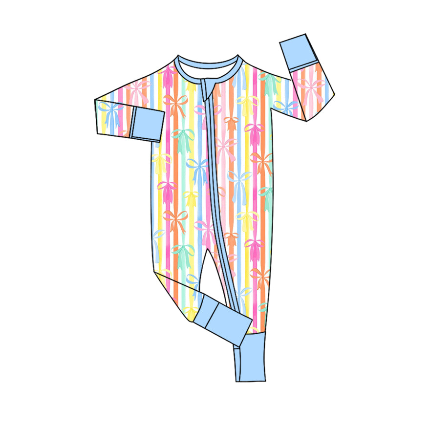 Preorder (moq 20)Baby Girls Bamboo Colorful Bows Stripe Zipper Footie Rompers