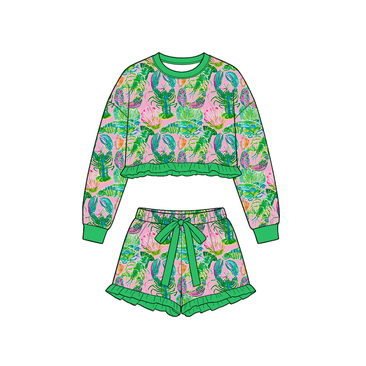 Preorder (moq 5) Baby Girl Clothes Green Lobster Shell Floral Print Long Sleeve Ruffle Crop Top Bow Ruffle Shorts Set