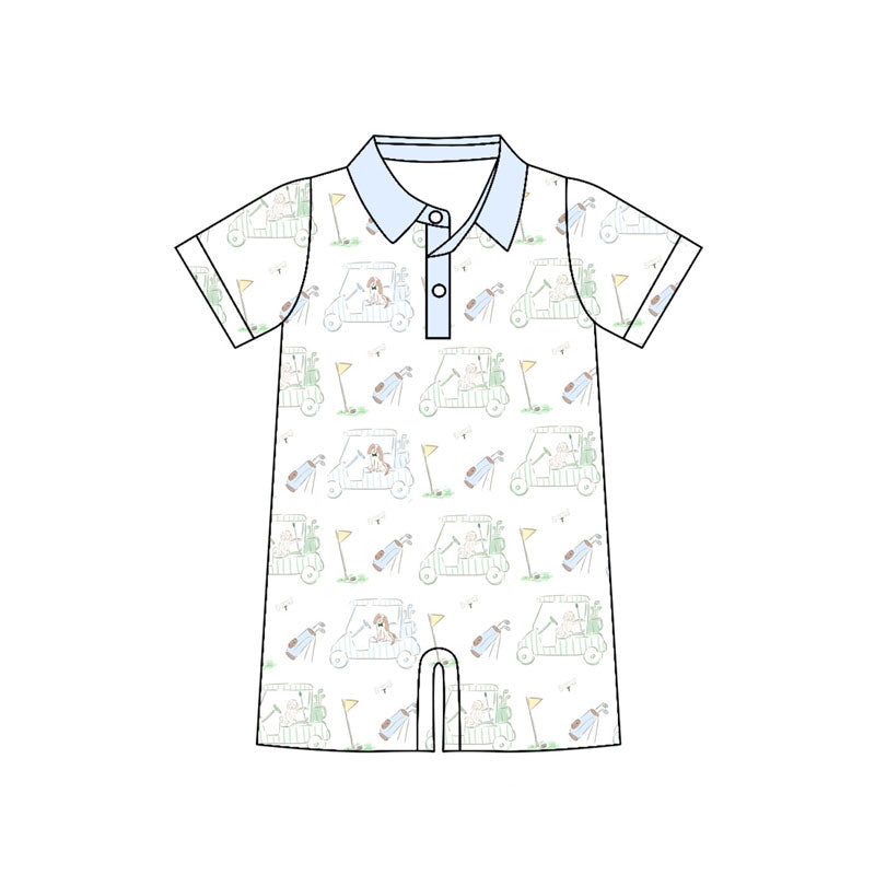 Preorder (moq 5)Baby Boys Light Blue Golf Trucks Button Short Rompers