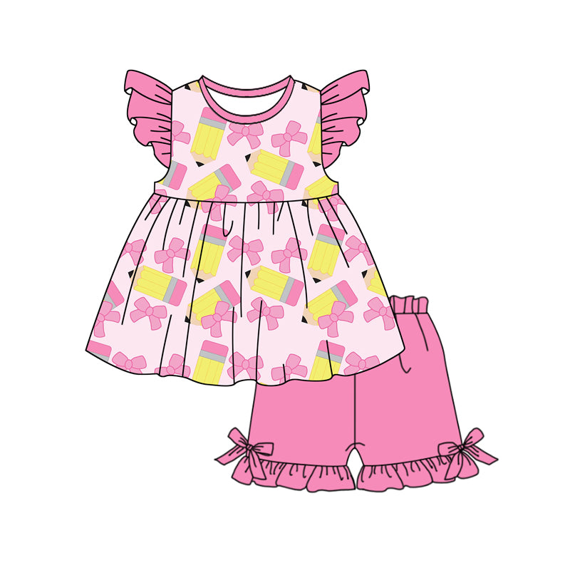 Preorder (moq 5)Baby Girls Bows Pencils Tunic Ruffle Shorts Back to School Clothes Set