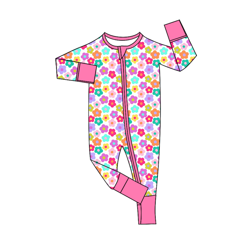 Preorder (moq 20)Baby Girls Bamboo Colorful Flowers Zipper Footie Rompers