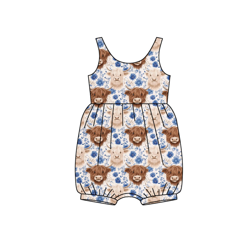 Preorder (moq 5)Baby Girls Sleeveless Highland Cows Flowers Western Ruffle Rompers