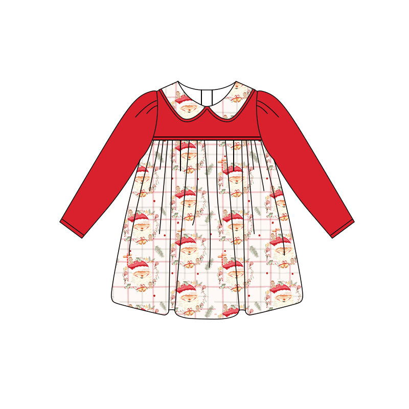 Preorder (moq 5)Baby Girls Red Long Sleeves Santa Plaid Knee Length Dresses