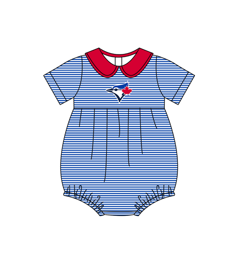 Preorder (moq 5)Baby Girls Short Sleeve Toronto Blue Jays Stripe Team Ruffle Rompers