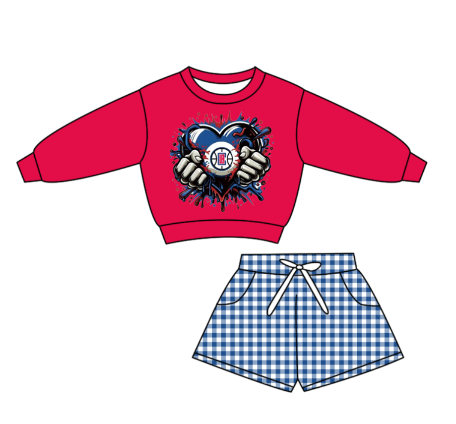 Preorder(moq 5) Baby Boys Hearts Balls Blue Checked Pockets Shorts Team Clothes Sets