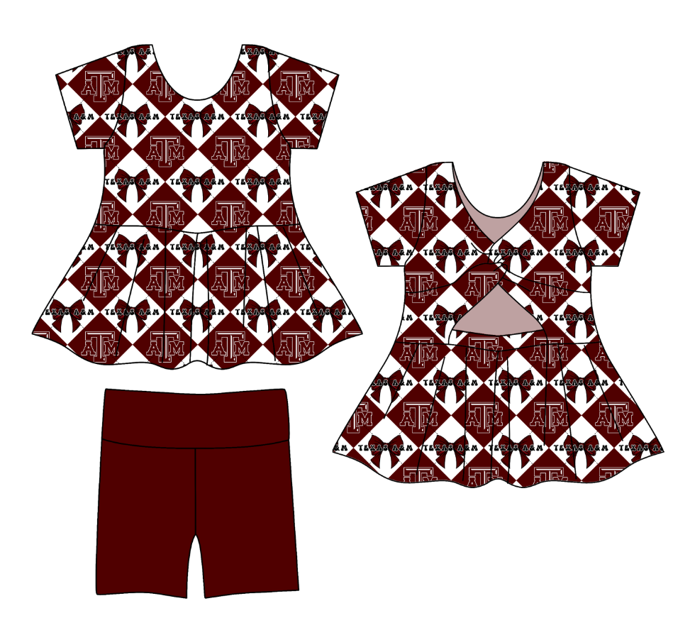 Preorder (moq 5)Baby Girls Team Bows Checked Tunic Shorts Clothes Sets