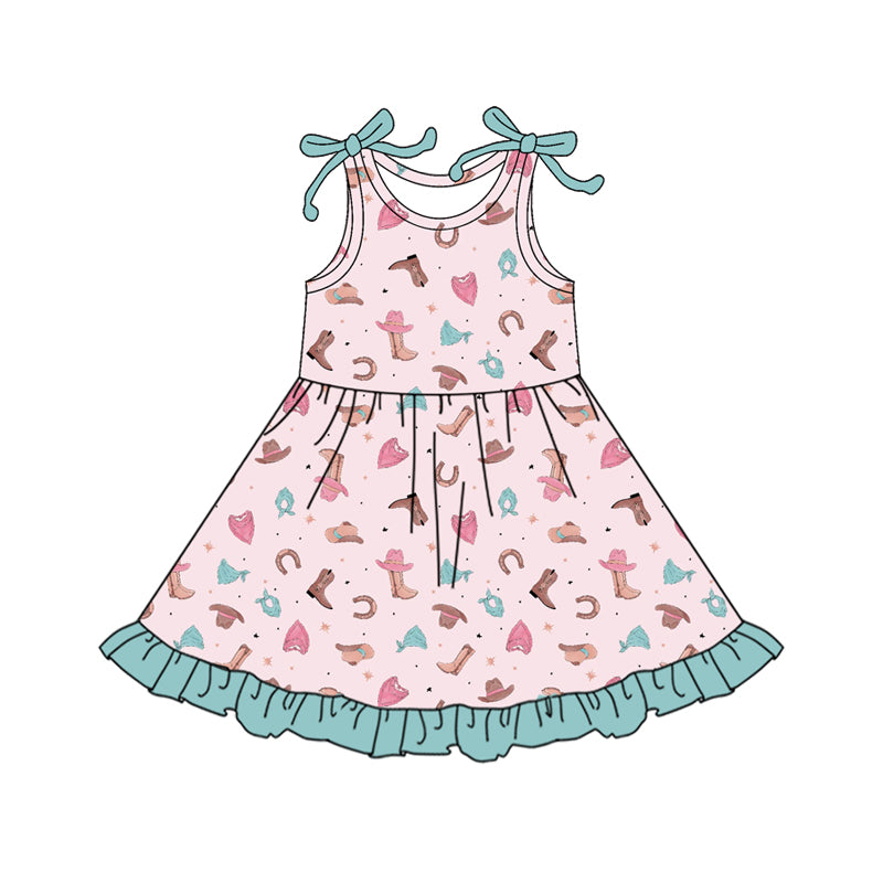 Preorder (moq 5)Baby Girls Bows Sleeveless Boots Hats Western Ruffle Knee Length Dresses